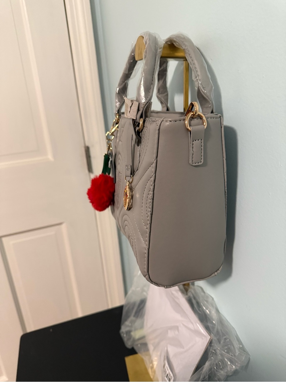 Valentino Orlandi light grey Quilted Satchel with FREE Red Pom Cherry Charm! NWT - Picture 5 of 11